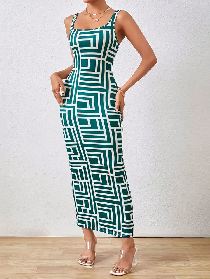 Women's Bodycon Dress - Geometric Pattern - Midi Length - Square Neck - Elegant Fit