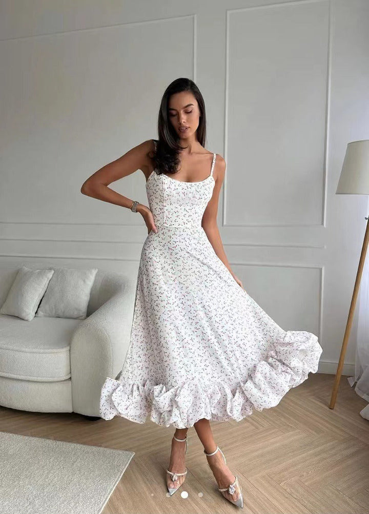 Women's Evening Dress - Spaghetti Straps - A-Line Silhouette - Ruffled Hem Elegant Look