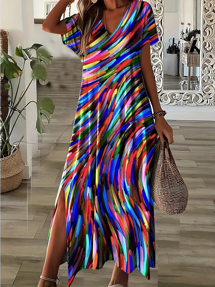 Women's Maxi Dress - V-Neck - Short Sleeve - Flowy Fit - Side Slit - Abstract Print