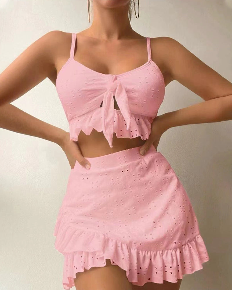 Women’s Bikini Set – Tie Front Top – Eyelet Embroidery – Ruffled Mini Skirt – Breathable Blend