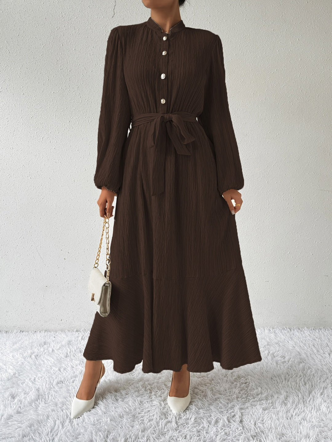 Women's Maxi Dress - Pleated Texture - Long Sleeve High Neck - Waist Tie Elegant Fit