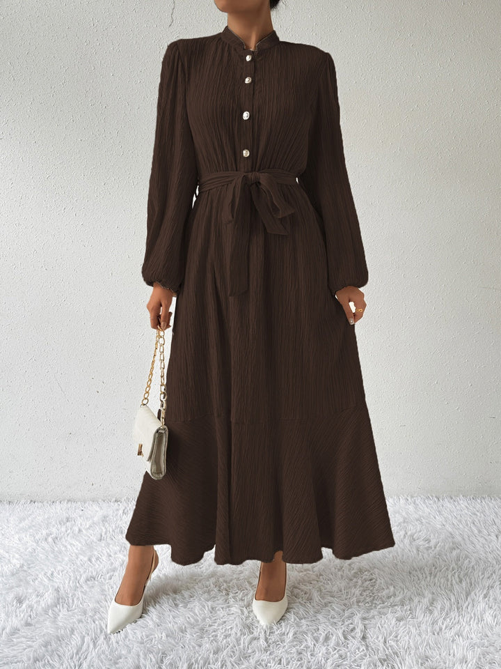 Women's Maxi Dress - Pleated Texture - Long Sleeve High Neck - Waist Tie Elegant Fit