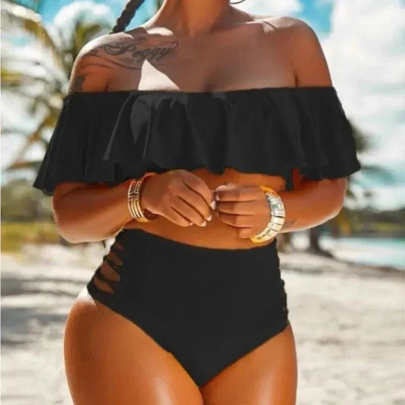Women’s Bikini Set – High Waist Fit – Off-Shoulder Ruffle Top – Side Cut-Out Details