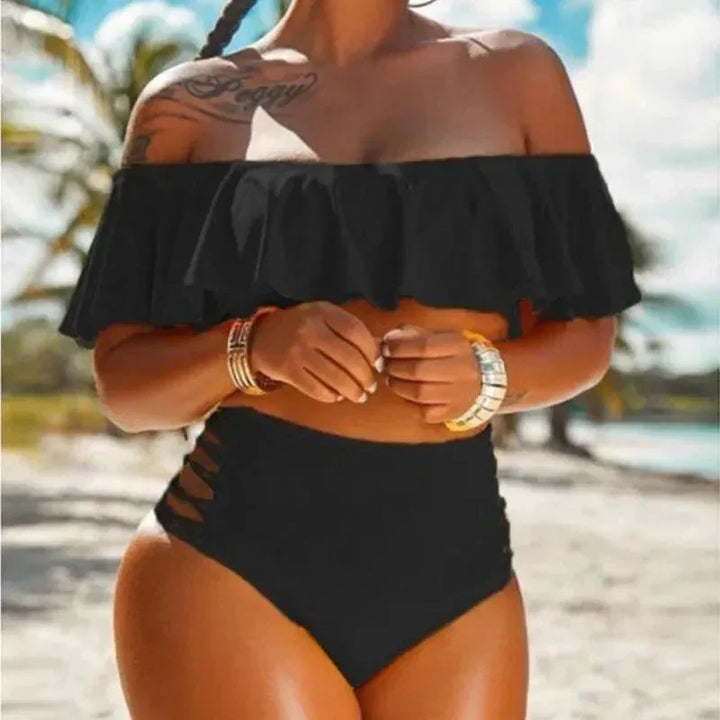 Women’s Bikini Set – High Waist Fit – Off-Shoulder Ruffle Top – Side Cut-Out Details