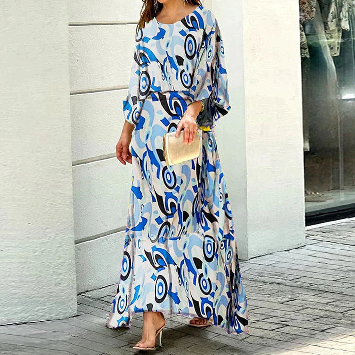 Women's Maxi Dress - Abstract Print - Relaxed Fit - Three-Quarter Sleeve - Flowy Elegant Style