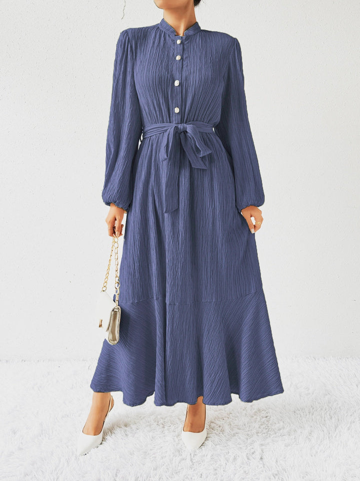 Women's Maxi Dress - Pleated Texture - Long Sleeve High Neck - Waist Tie Elegant Fit