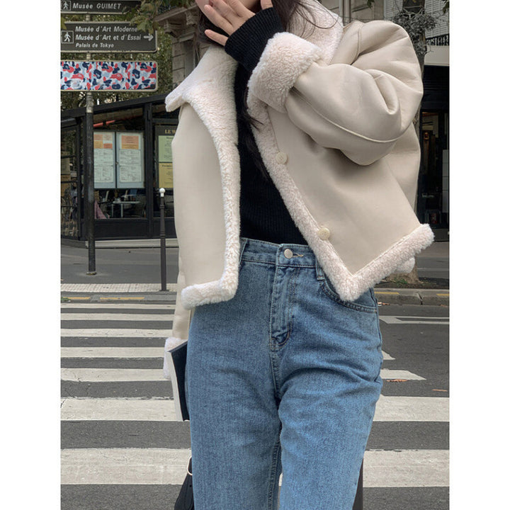 Women's Shearling Jacket - Cropped Fit - Wide Lapel - Buttoned Front - Plush Lining