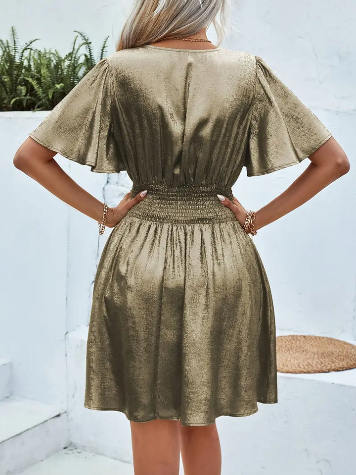 Women's Dress - Wrap V-Neck - Flutter Sleeves - Ruched Waist - A-Line Silhouette