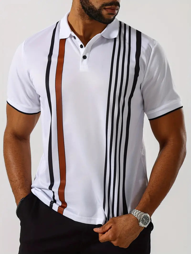 Men’s Polo Shirt - Regular Fit - Vertical Stripe Design - Button Placket Smart Casual
