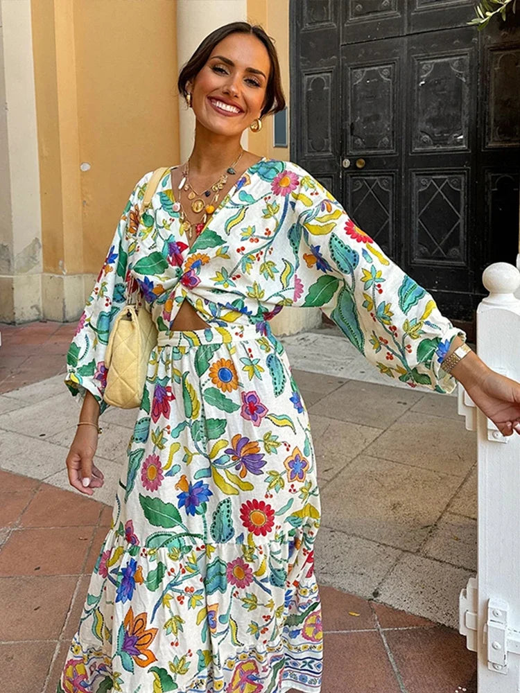 Women's Maxi Dress - V-Neck Twist Front - Long Puff Sleeves - Floral Bohemian Style