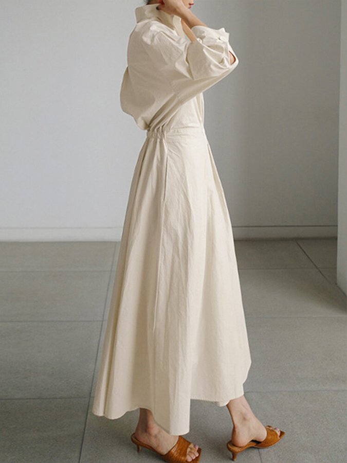 Women's Shirt Dress - Cotton Blend - Long Sleeve - Button Front - Cinched Waist Elegant Fit