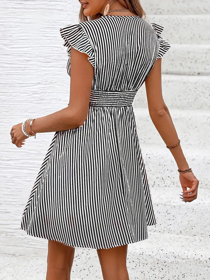 Women's A-Line Dress - Striped Pattern - V-Neck - Ruffled Cap Sleeves - Fitted Waist