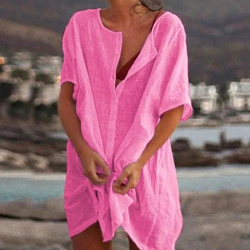Women’s Tunic Top – Relaxed Fit – Short Sleeve – Natural Fibers – Casual Everyday Wear