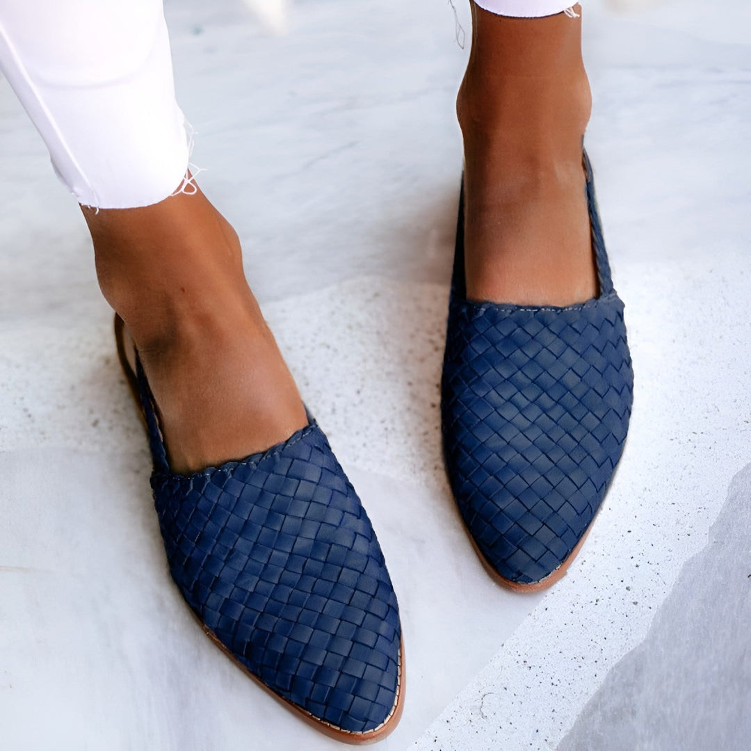Women's Flat Slingback Shoes - Woven Braided Design - Pointed Toe - Adjustable Strap