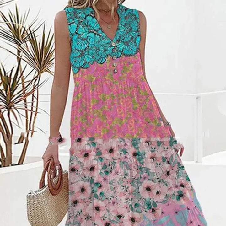 Women's Midi Dress - Sleeveless V-Neck - Floral Print - Flowy Loose Fit