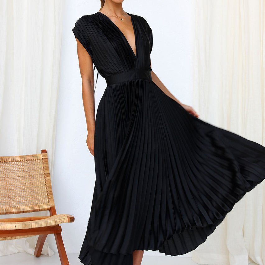 Women’s Midi Dress – Luxury Fabric – A-Line Fit – Sleeveless V-Neck – Pleated Open Back