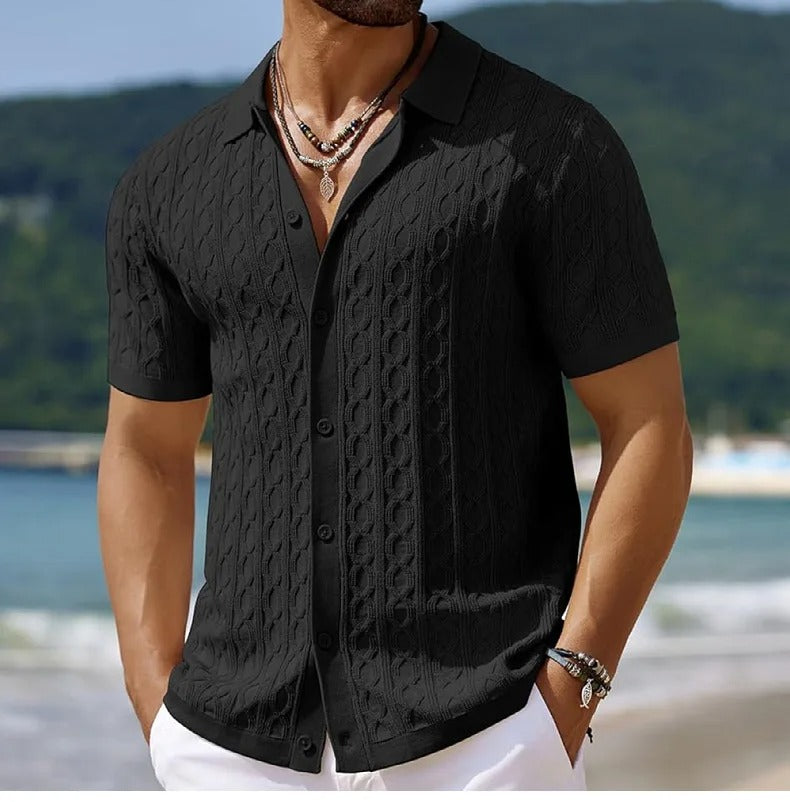 Men’s Polo Shirt - Slim Fit - Soft Jacquard Knit - Button Front - Retro Pattern