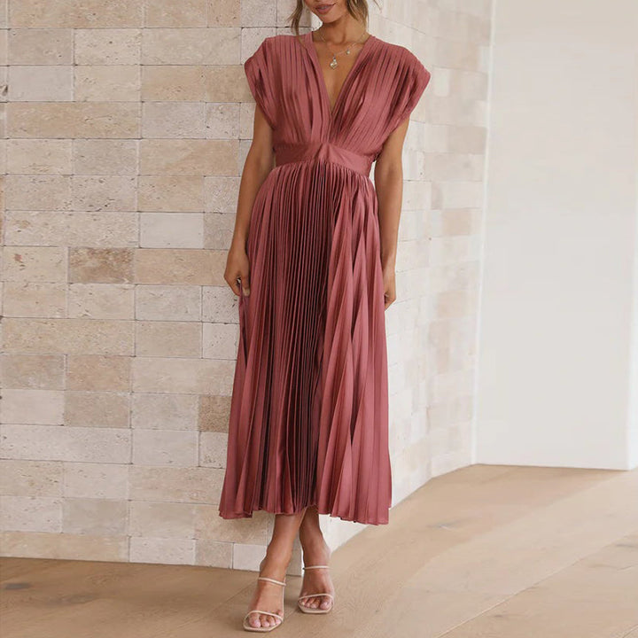 Women’s Midi Dress – Luxury Fabric – A-Line Fit – Sleeveless V-Neck – Pleated Open Back