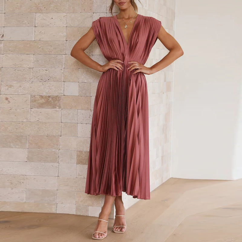 Women’s Midi Dress – Luxury Fabric – A-Line Fit – Sleeveless V-Neck – Pleated Open Back