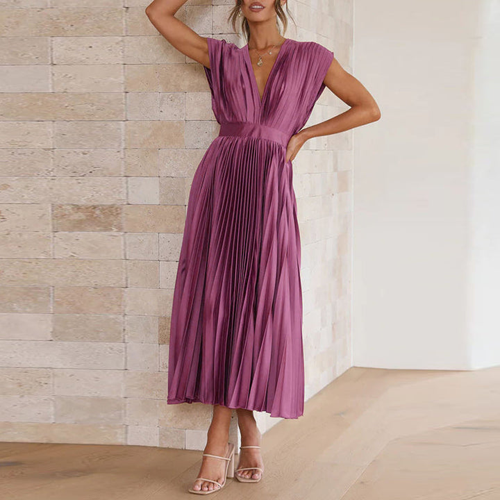Women’s Midi Dress – Luxury Fabric – A-Line Fit – Sleeveless V-Neck – Pleated Open Back