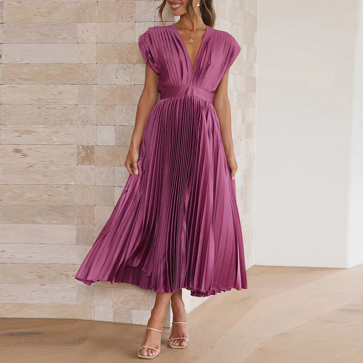 Women’s Midi Dress – Luxury Fabric – A-Line Fit – Sleeveless V-Neck – Pleated Open Back