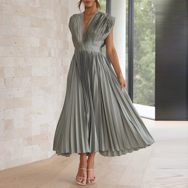 Women’s Midi Dress – Luxury Fabric – A-Line Fit – Sleeveless V-Neck – Pleated Open Back