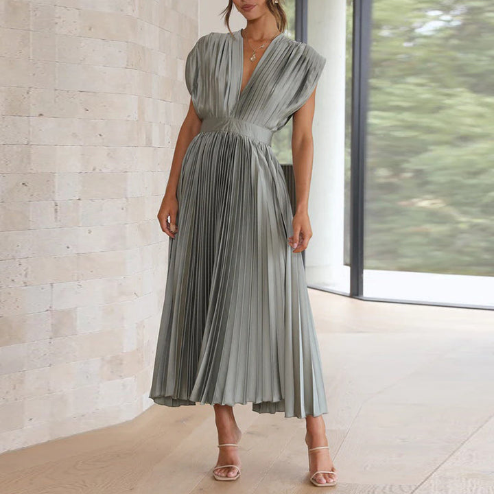 Women’s Midi Dress – Luxury Fabric – A-Line Fit – Sleeveless V-Neck – Pleated Open Back