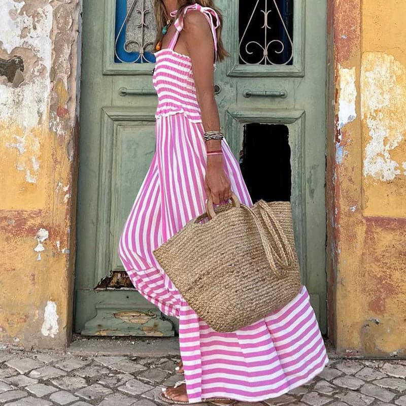 Women’s Maxi Dress - Smocked Bodice - Tie Straps - Tiered Skirt - Breathable Blend