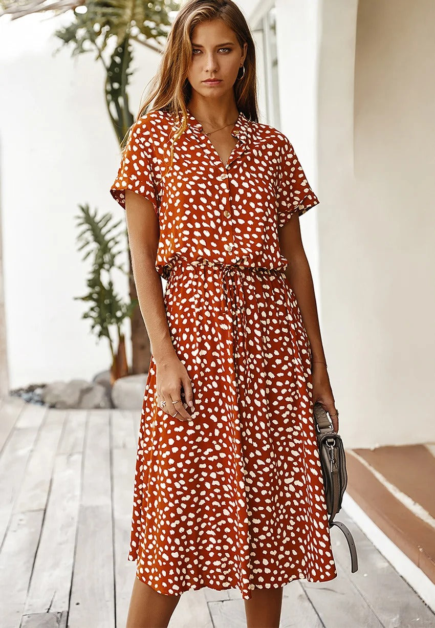 Women’s Midi Dress - Relaxed Fit - Breathable Blend - Button Front - Adjustable Waist