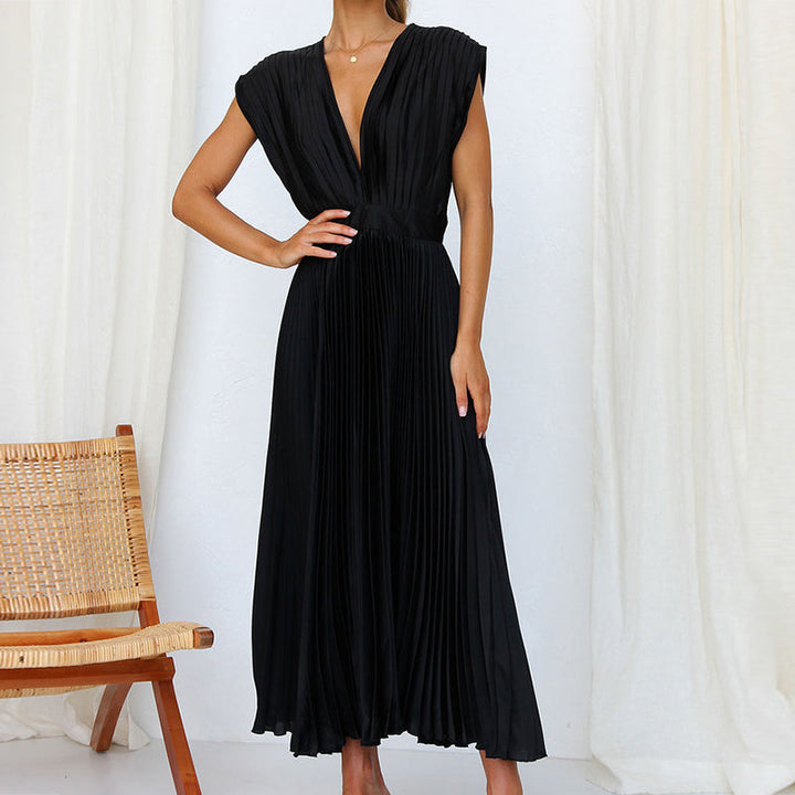 Women’s Midi Dress – Luxury Fabric – A-Line Fit – Sleeveless V-Neck – Pleated Open Back