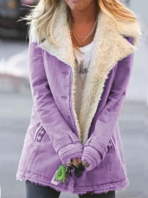 Women's Coat - Tailored Fit - Faux Shearling Lined - Oversized Lapel - Button Front