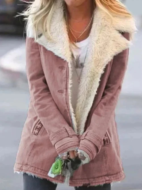 Women's Coat - Tailored Fit - Faux Shearling Lined - Oversized Lapel - Button Front