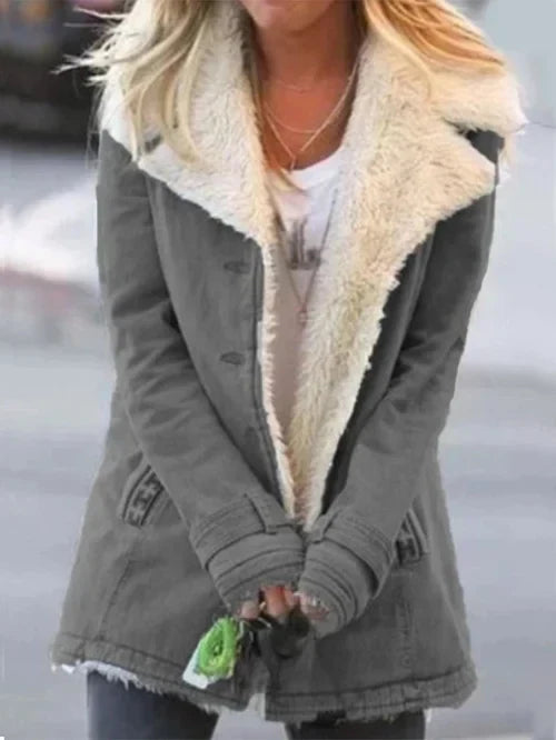 Women's Coat - Tailored Fit - Faux Shearling Lined - Oversized Lapel - Button Front