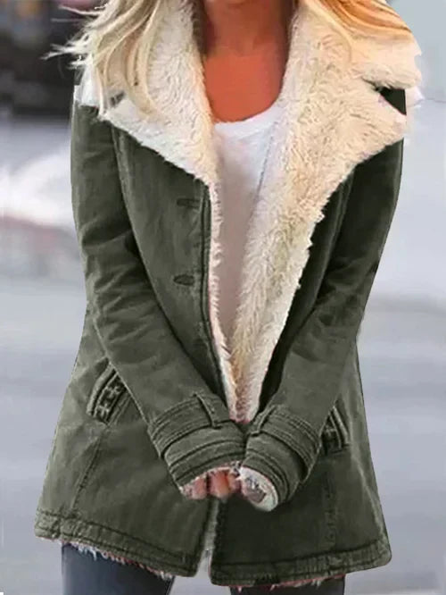 Women's Coat - Tailored Fit - Faux Shearling Lined - Oversized Lapel - Button Front