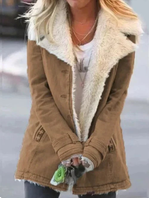 Women's Coat - Tailored Fit - Faux Shearling Lined - Oversized Lapel - Button Front