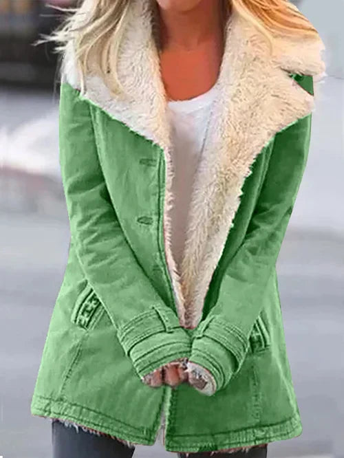 Women's Coat - Tailored Fit - Faux Shearling Lined - Oversized Lapel - Button Front