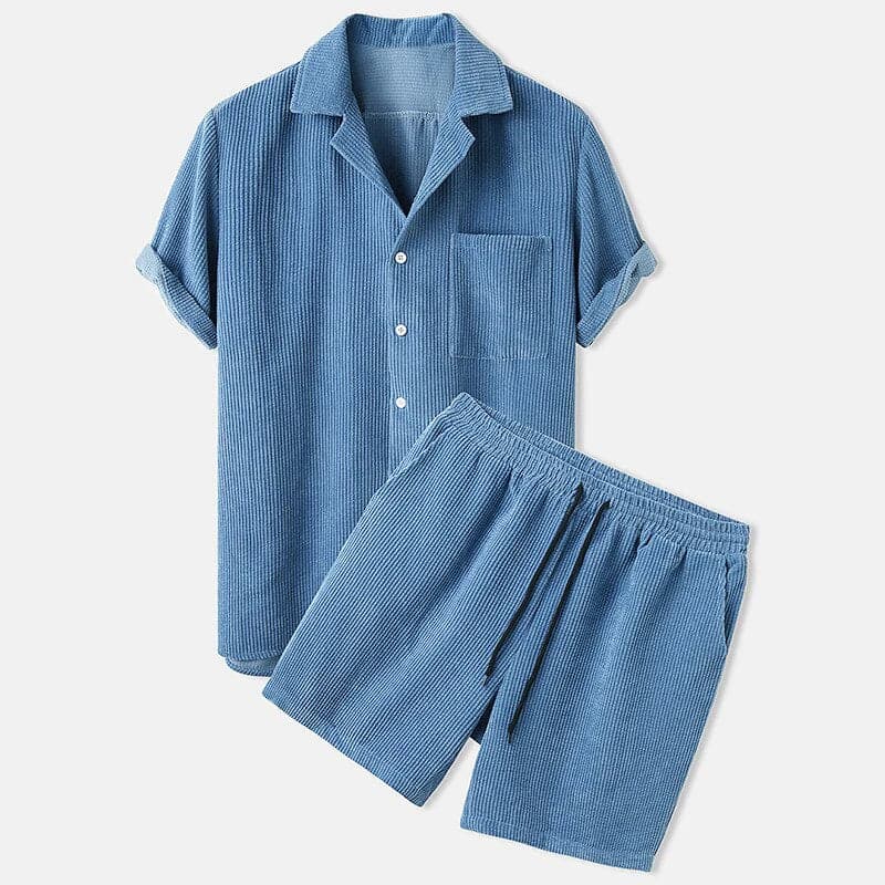 Men’s Shirt and Shorts Set – Relaxed Fit – Breathable Blend – Textured Casual Style