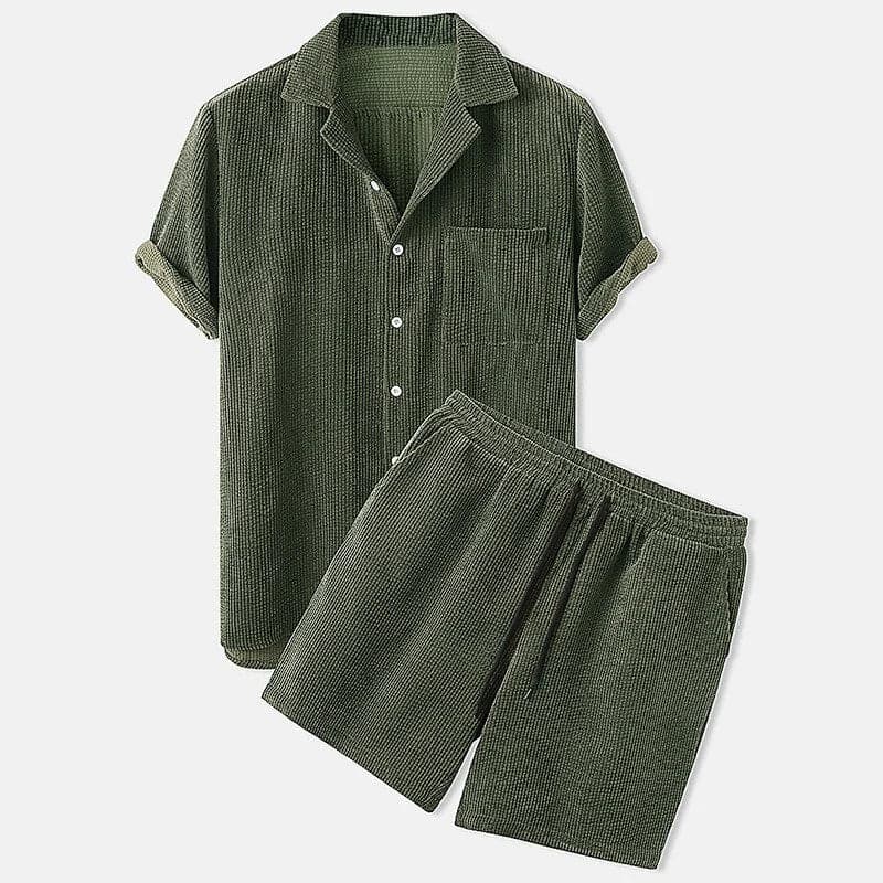 Men’s Shirt and Shorts Set – Relaxed Fit – Breathable Blend – Textured Casual Style