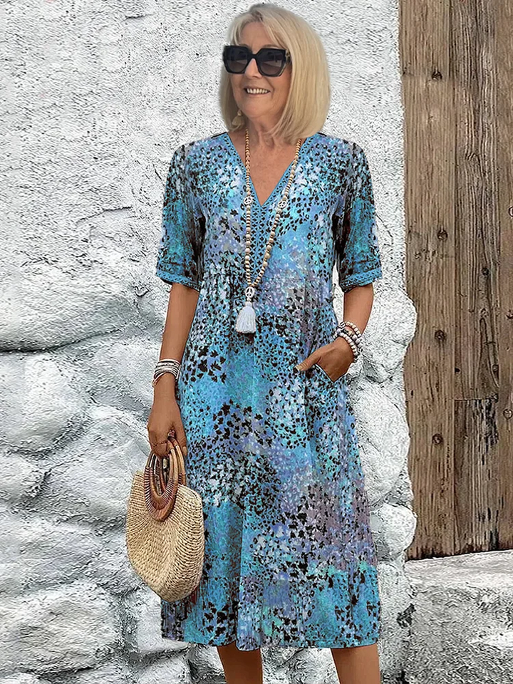 Women’s Midi Dress - Relaxed Fit - V-Neck - Elbow Sleeve - Breathable Blend Casual Wear