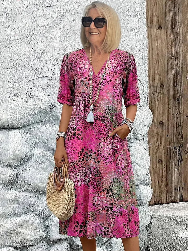 Women’s Midi Dress - Relaxed Fit - V-Neck - Elbow Sleeve - Breathable Blend Casual Wear