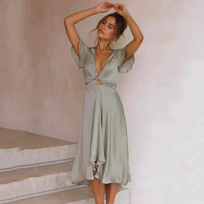 Women’s Dress - Deep V-Neck - Flutter Sleeves - High-Low Hem - Flowy Elegant Fit