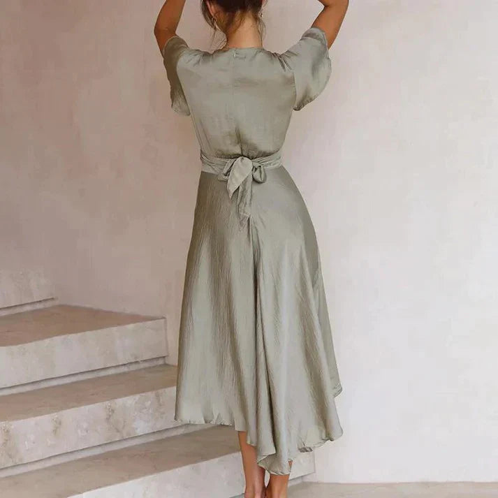 Women’s Dress - Deep V-Neck - Flutter Sleeves - High-Low Hem - Flowy Elegant Fit