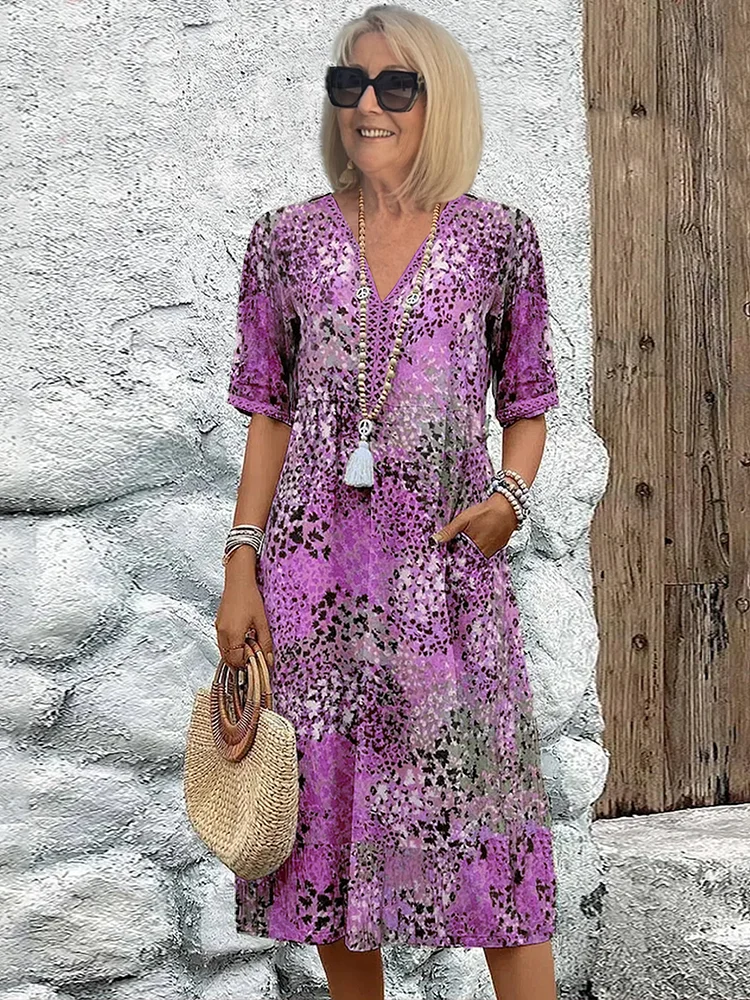 Women’s Midi Dress - Relaxed Fit - V-Neck - Elbow Sleeve - Breathable Blend Casual Wear