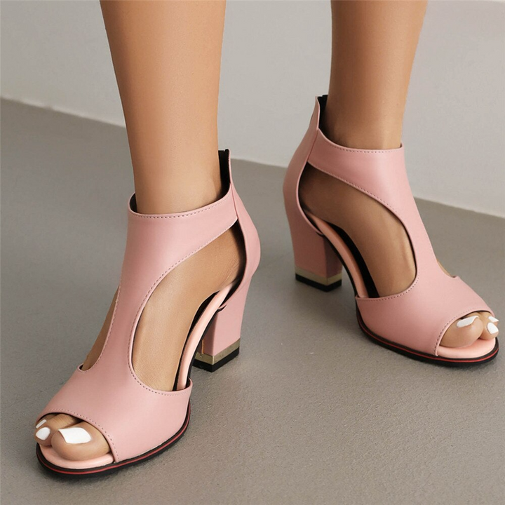 Women’s Heeled Sandals – Block Heel – Open Toe – Cut-Out Sides – Ankle Strap Support