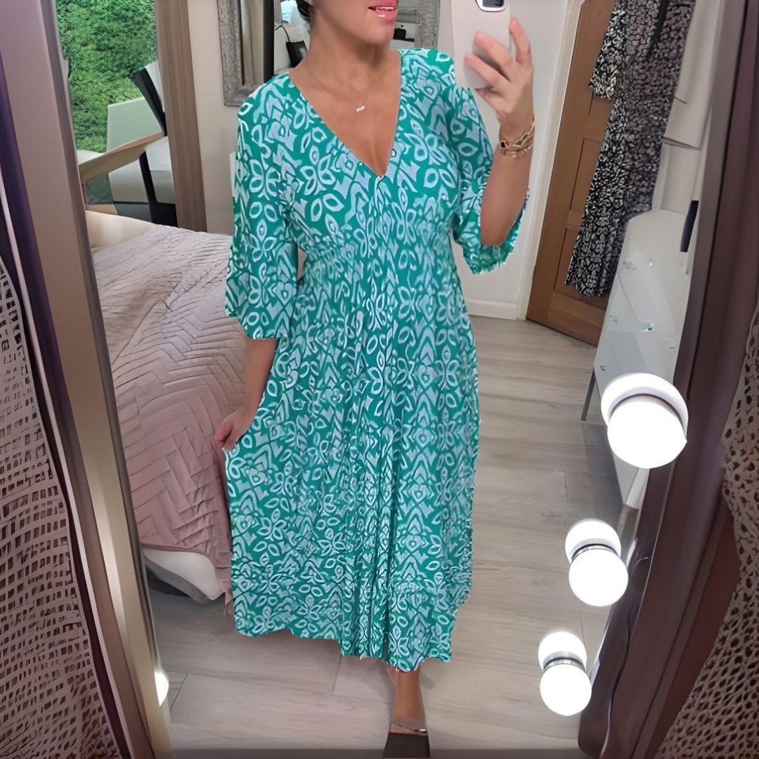Women’s Maxi Dress - Boho Print - V-Neck - 3/4 Sleeve - Relaxed Fit - Breathable Blend