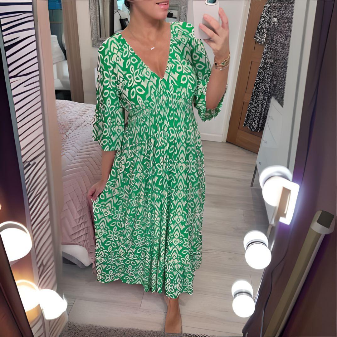 Women’s Maxi Dress - Boho Print - V-Neck - 3/4 Sleeve - Relaxed Fit - Breathable Blend