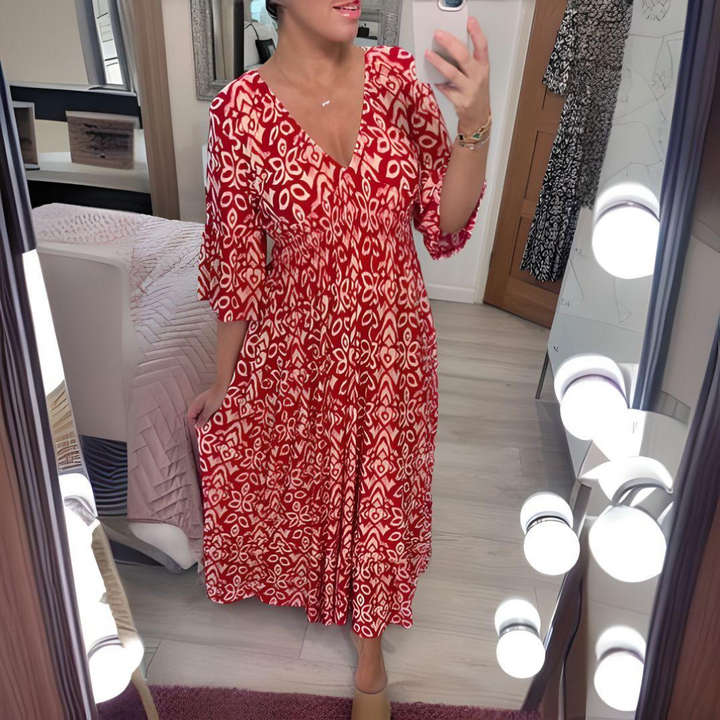Women’s Maxi Dress - Boho Print - V-Neck - 3/4 Sleeve - Relaxed Fit - Breathable Blend