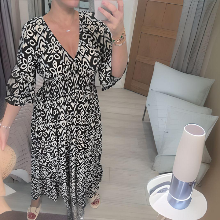 Women’s Maxi Dress - Boho Print - V-Neck - 3/4 Sleeve - Relaxed Fit - Breathable Blend