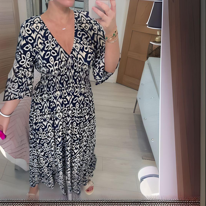 Women’s Maxi Dress - Boho Print - V-Neck - 3/4 Sleeve - Relaxed Fit - Breathable Blend