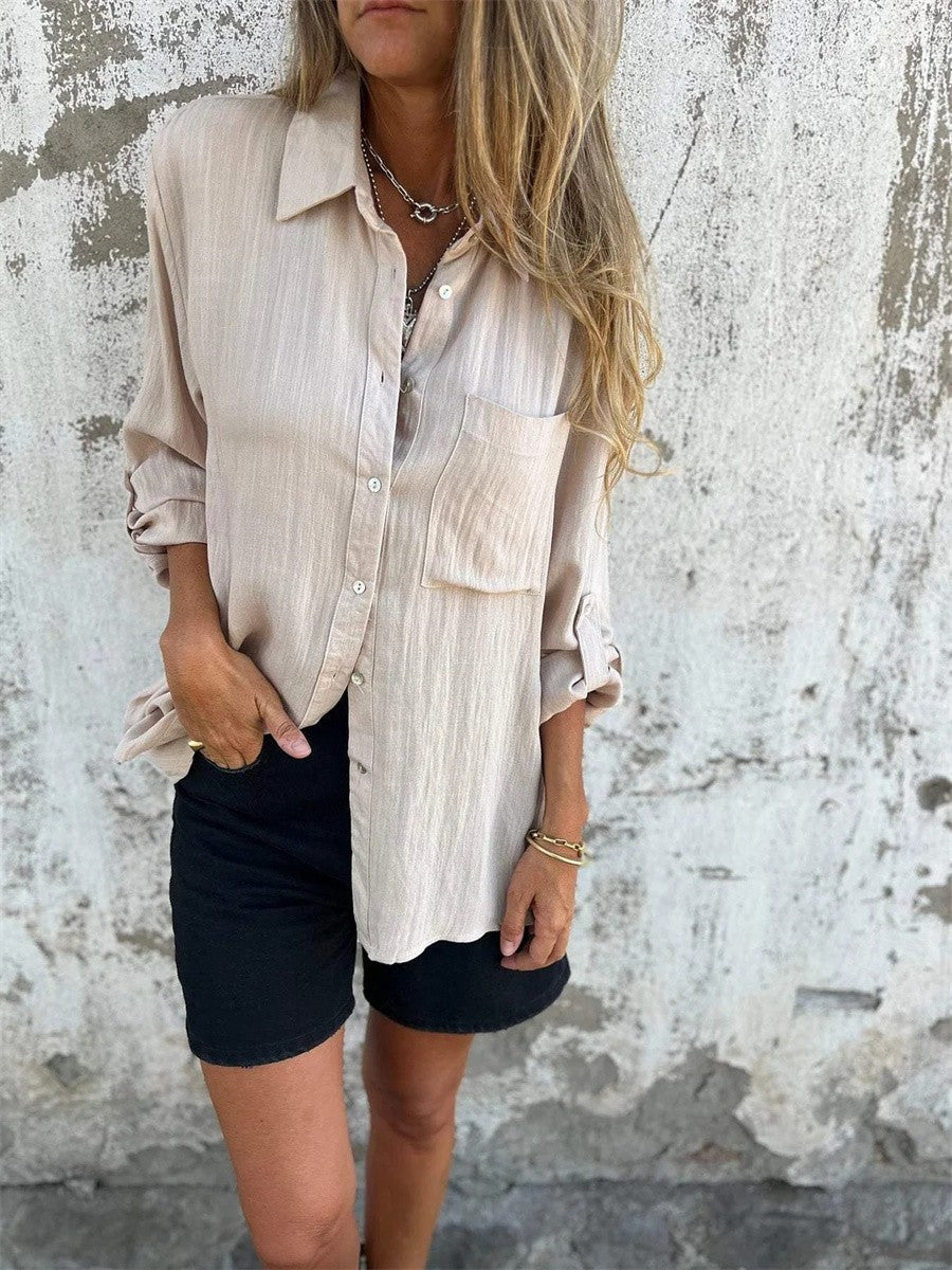 Women’s Long Sleeve Shirt - Relaxed Fit - Button-Down - Lapel Collar - Breathable Blend